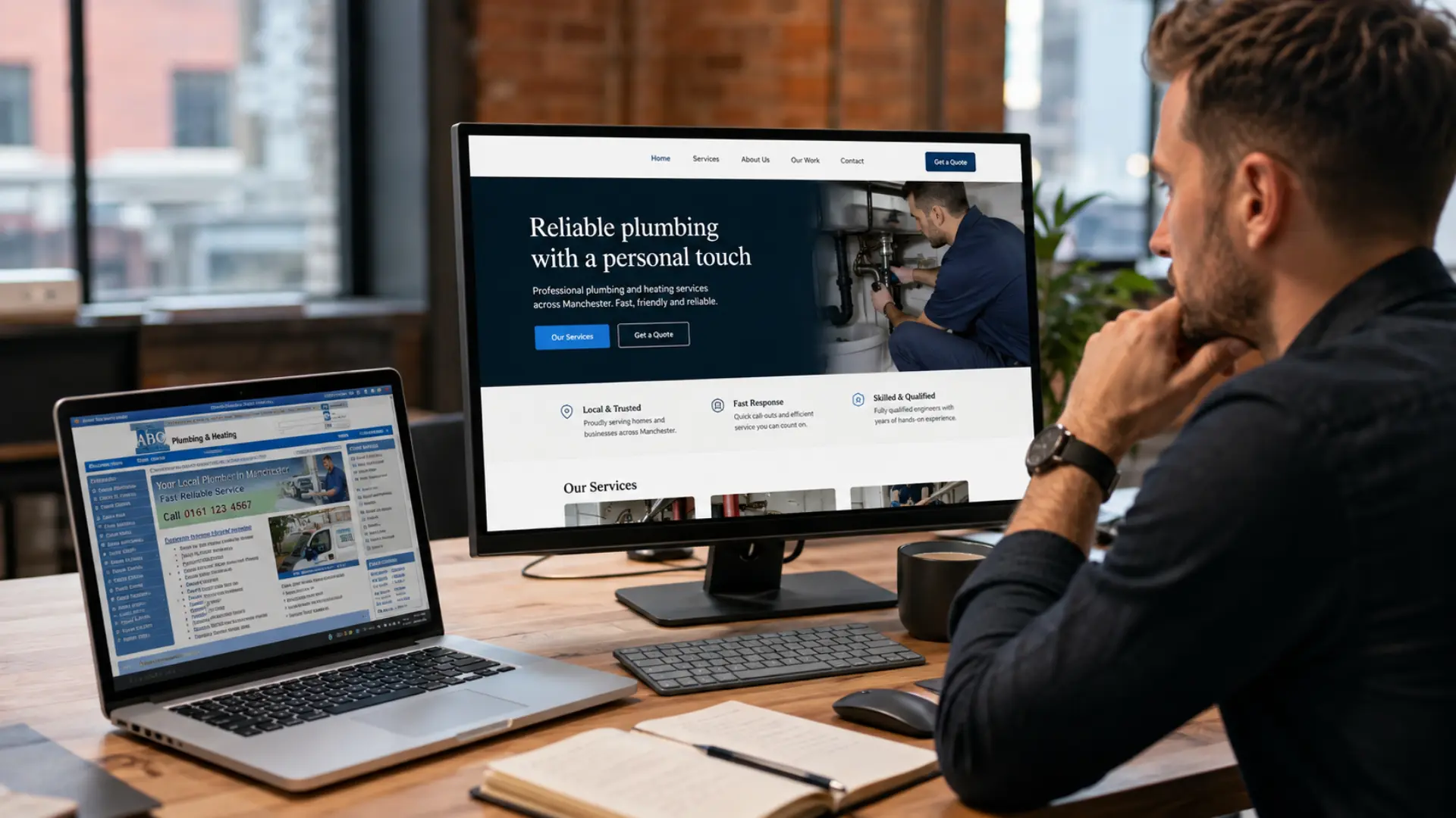 Website redesign Manchester — designer reviewing an outdated business website on a laptop next to a wireframe of a new design