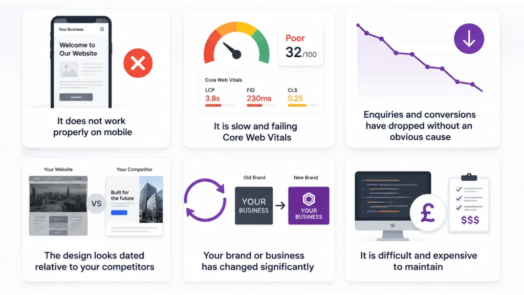 Website redesign process — web design team reviewing analytics and user journey data before starting a Manchester redesign project