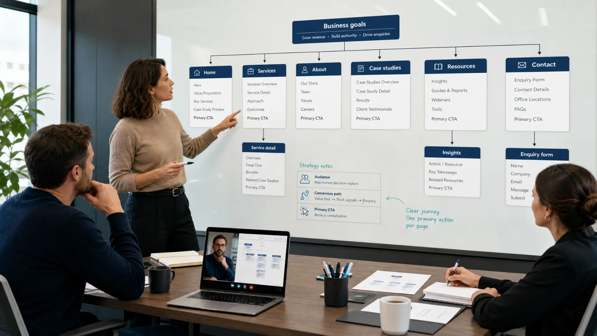 Planning a website sitemap and structure during a strategy session