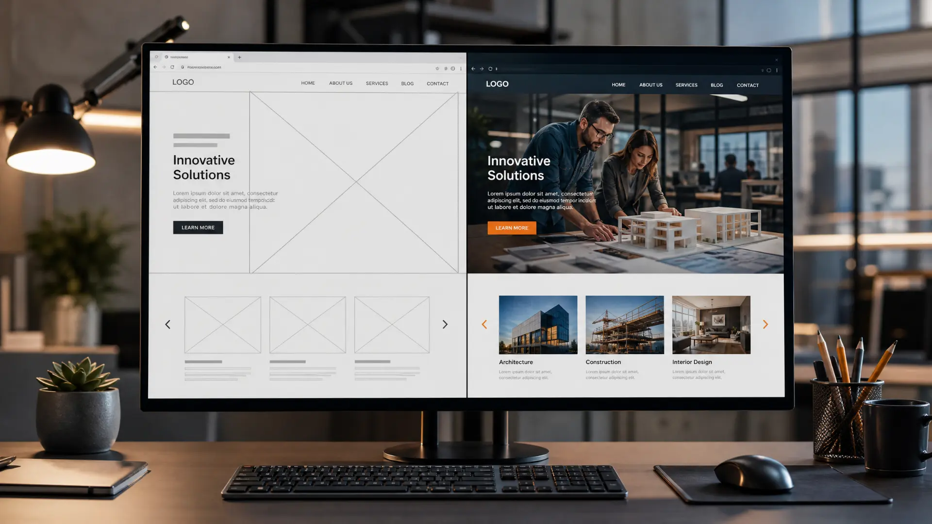 A wireframe evolving into a finished website design