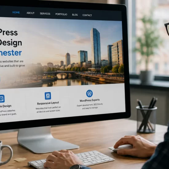 WordPress web design Manchester — developer building a WordPress business website on a laptop in a Manchester office