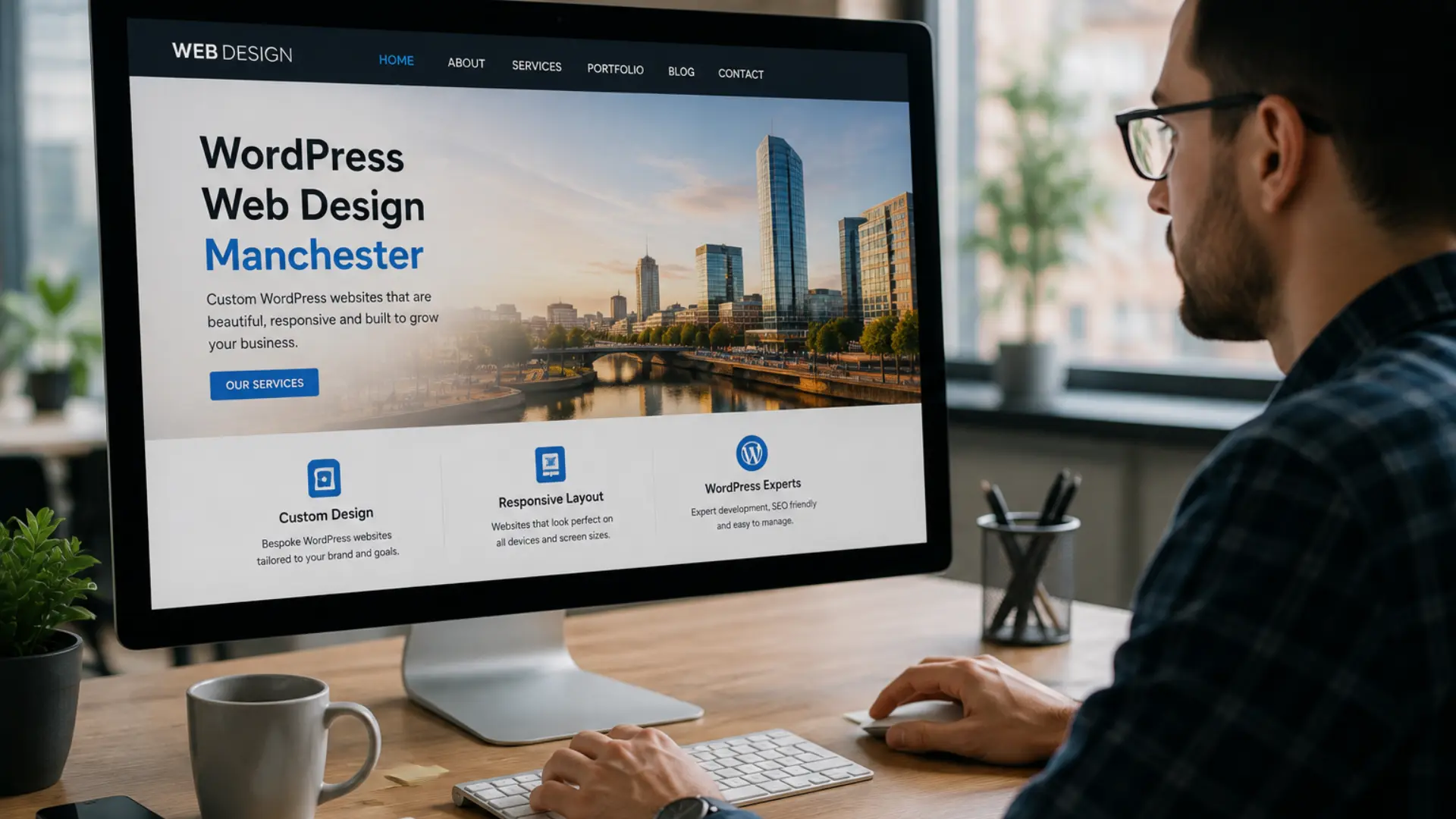WordPress web design Manchester — developer building a WordPress business website on a laptop in a Manchester office