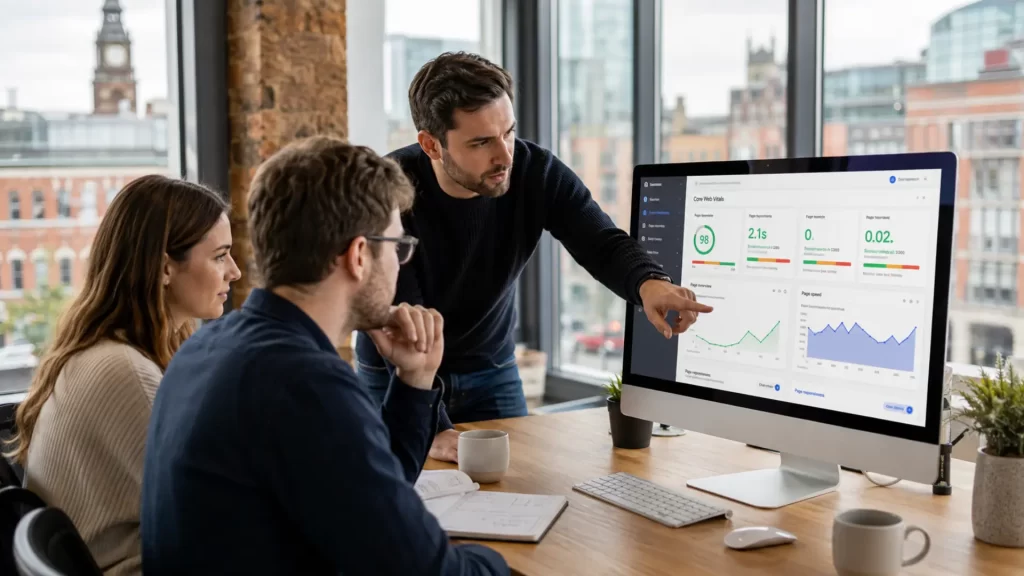 WordPress website design Manchester — web agency team reviewing website performance and Core Web Vitals on a monitor